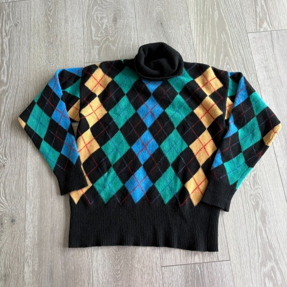 Vintage Saks Fifth Avenue Mens Multicolor Argyle Pure Cashmere Sweater Size S